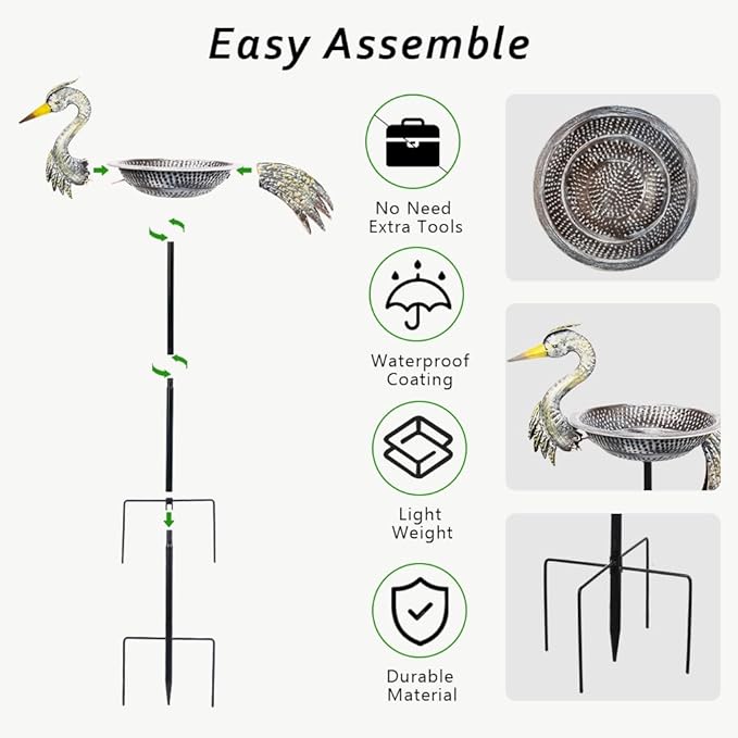 Metal Bird Bath with Stake, 13" Dia Crane Bird Baths for Outdoors, Freestanding Birdbath & Birdfeeder for Outside Garden Yards Lawn Decor, 46 Inch Tall