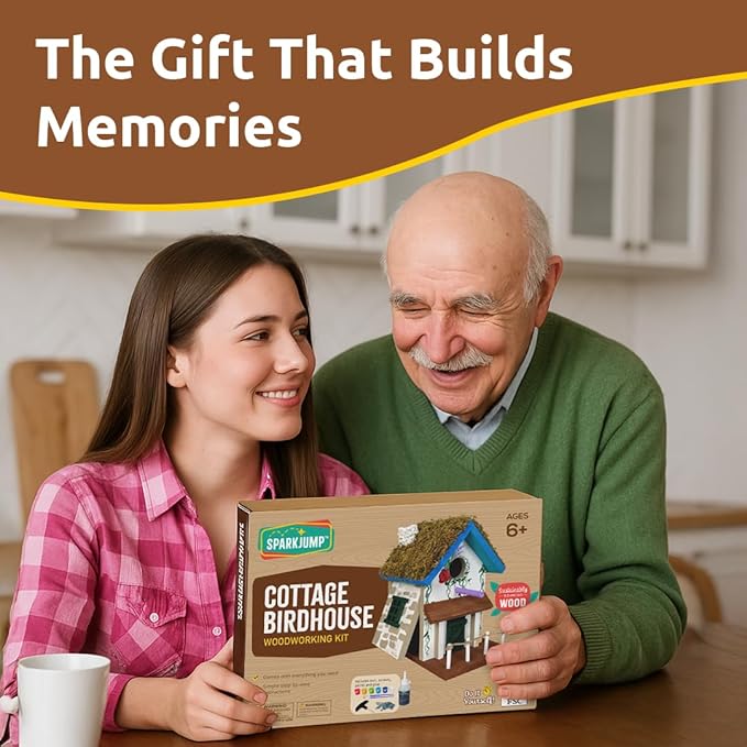 SparkJump Cottage Birdhouse Kit - Easy DIY Bird House for Outdoors, Cedar Roof & Front Porch, Natural Stones, FSC Certified Wood, Fun Family Crafting Project