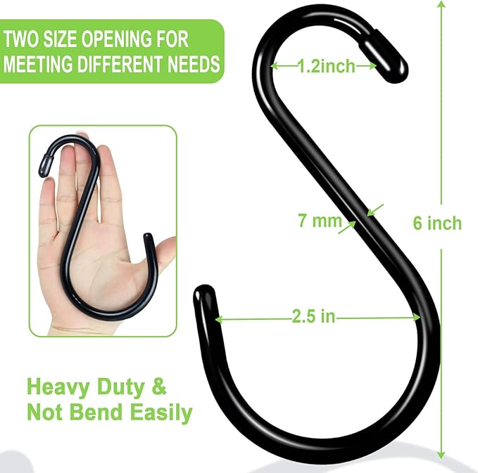 24 Pack Heavy Duty S Hooks, Non Slip Rubber Coated, 7mm Thick Metal Black S Hooks for Hanging Plants, Closet, Bird Feeders, Kitchen, Large Objects, Tools, Bikes