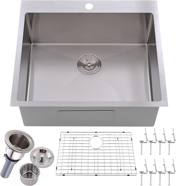 25 x 22 Inch Drop In Kitchen Sink, Topmount Stainless Steel Brushed Nickel Single Bowl Kitchen Sink, Extra-thick 16 Gauge For RV Laundry Utility with Dish Grid and Basket Strainer