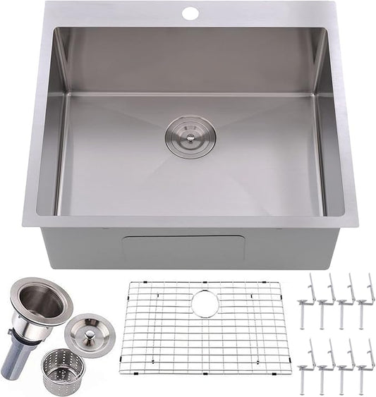 25 x 22 Inch Drop In Kitchen Sink, Topmount Stainless Steel Brushed Nickel Single Bowl Kitchen Sink, Extra-thick 16 Gauge For RV Laundry Utility with Dish Grid and Basket Strainer