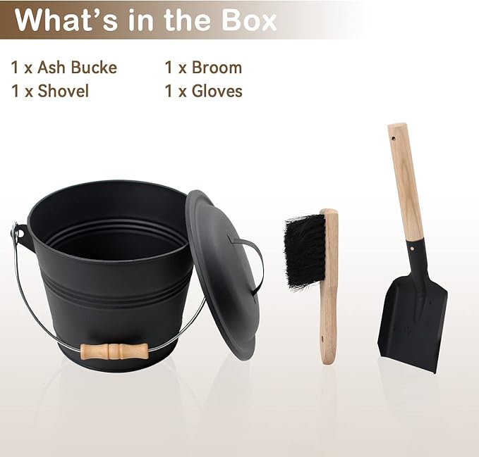 Poofzy Ash Bucket with Lid and Shovel, 1.3 Gallon Fireplace Bucket for Ashes, Includes Hand Broom and Gloves for Fire Pit, Wood Burning Stove and Grill