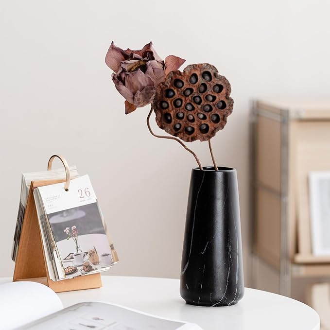 Marble Black Vase - 8" Big Black Ceramic vase for Flower, Simple Vases for Pampas Grass, Minimalist Farmhouse Boho vases for Centerpieces, Home Decor, Bathroom Decor