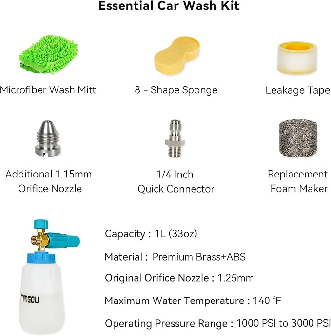 MINGOU Foam Cannon for Pressure Washer Soap Dispenser Snow Foam Cannon Car Wash with 1/4" Quick Connector,1L Bottle, Additional 1.15 mm Orifice Nozzle(Blue)