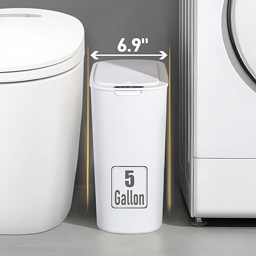 TIPGO 5 Gallon Motion Senor Bathroom Trash Can with Lid, Automatic Garbage Can Touchless, Smart Plastic Waste Basket for Narrow Spaces, Bathroom, Office, Bedroom, Living Room (White)