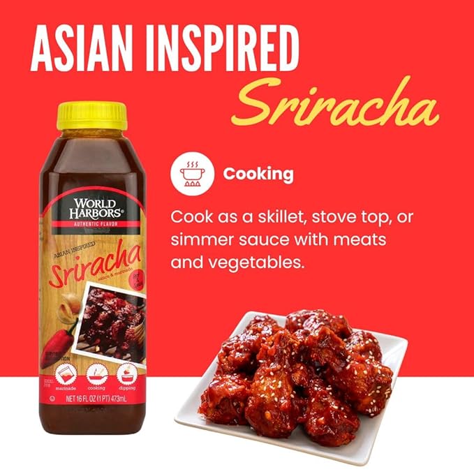 World Harbors Sriracha Hot Sauce & Marinade Perfect for Grilled Meats, Seafood, Dipping, Marinades & Garnishes - Enhance Your Meals with Sriracha Sauce Original Made in USA 16-Fl Oz Bottle (Pack of 2)