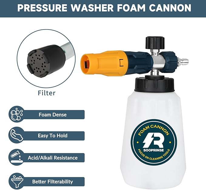 Sooprinse Foam Cannon with 1/4 Inch Quick Connector, Heavy Duty Car Foam Blaster Wide Neck Adjustable Snow Foam Lance for Pressure Washer, 5 Pressure Washer Nozzle Tips, 1 Liter