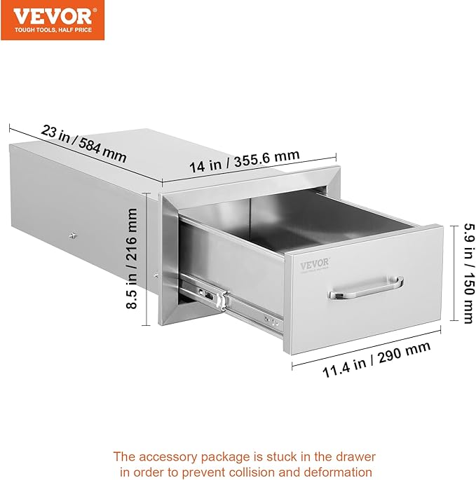 VEVOR 14x8.5 Inch Outdoor Kitchen Drawers Stainless Steel, Flush Mount Double Drawers,14W x 8.5H x 23D Inch, with Stainless Steel Handle, BBQ for Outdoor Kitchens or BBQ Island
