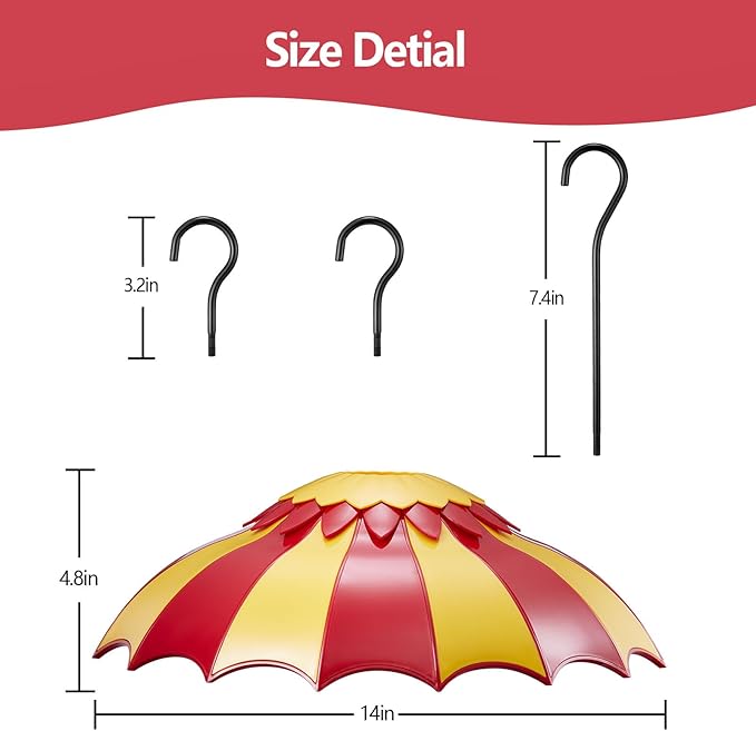 Bird Feeder Baffle 14" with Ant Moat, Beserie Large Bird Feeder Rain Guard Cover with Ant Guard & Shepherd Hooks, Attract Hummingbirds & Anti Squirrel/Sun/Rain/Snow/Ants (Red-Yellow, 14 inches, 35cm)