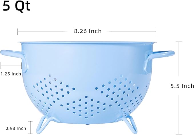 Metal Colander 5 Quart Powder Coated Self-draining Metal Strainer with Base,Kitchen Pasta Fruit Vegetable Basket with Double Handles,blue
