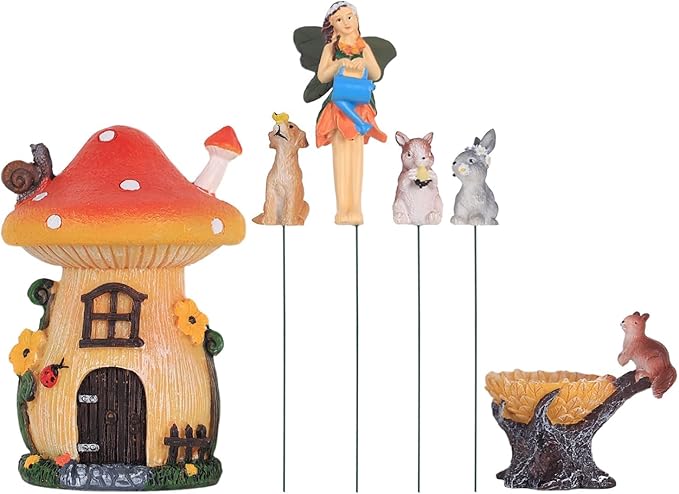 MEETYAMOR Miniature Fairy Garden Accessories, 6 PCS Mushroom House Kit with Mini Resin Animals, Whimsical Ornaments Outdoor Figurines Yard Art Garden Decor for Outside