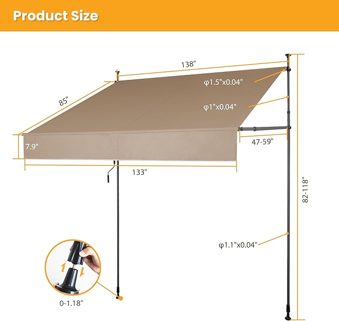 HOMEDEMO Manual Retractable Awning 138" W x 118" H,Side Bar 47-59in Patio Awning Retractable Outdoor Sunshade Shelter Height Adjustable Sunsetter Retractable Awning UV Protection for Backyard Garden