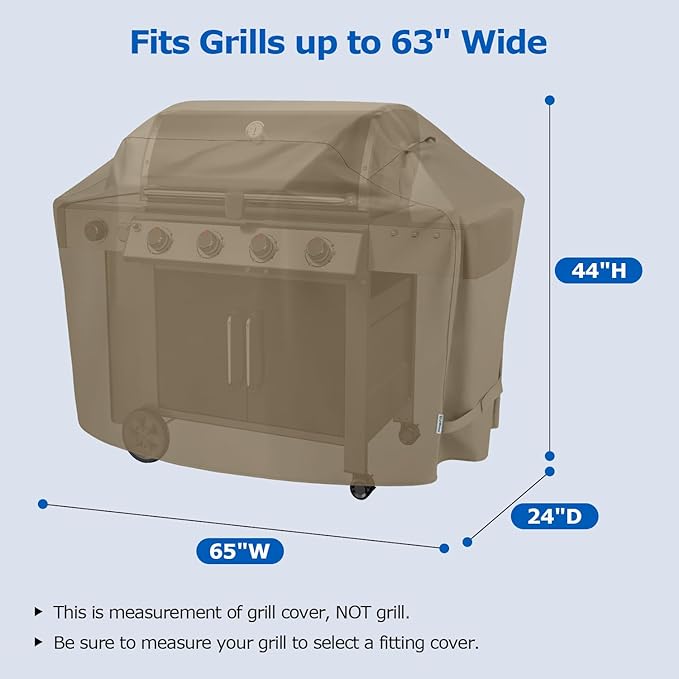 SunPatio BBQ Grill Cover for Outdoor Grill 65 Inch, Heavy Duty Waterproof Barbecue Cover with Sealed Seam, FadeStop All Weather Protection Compatible for Weber CharBroil Nexgrill and More, Taupe