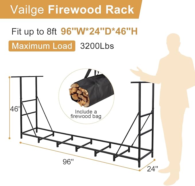 Vailge Firewood Rack Outdoor 8FT with Waterproof Firewood Carrier Bag, Adjustable Heavy Duty Steel Firewood Holder Storage, Log Rack for Fireplace, Fire Pit, Backyard, Camping