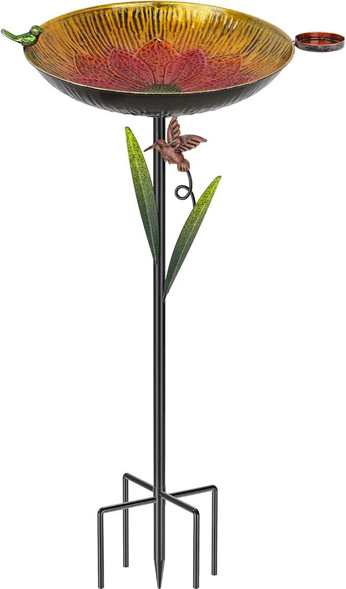 Metal Bird Bath for Outside, 41.5" Detachable Birdbath with Bowl & Decorative Birds, Easy to Clean Iron Garden Birdbath & Feeder for Outdoor Garden Lawn Yard Decor(Red+Yellow)