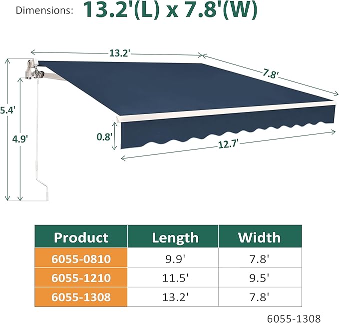 MCombo 13.2x7.8 Feet Manual Retractable Patio Door Window Awning Sunshade Shelter Outdoor Canopy,1308 (Dark Blue, 13.2'(L) x 7.8'(W))