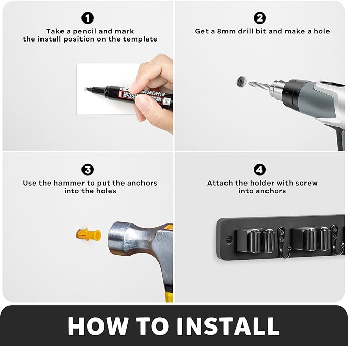 IMILLET Broom Holder Wall Mount, Wood Broom Holder with 5 Racks and 4 Hooks Broom Organizer, Laundry Room Organization and Storage, Mop Hanger for Home Organization, Garden, Garage, Closet (Black)