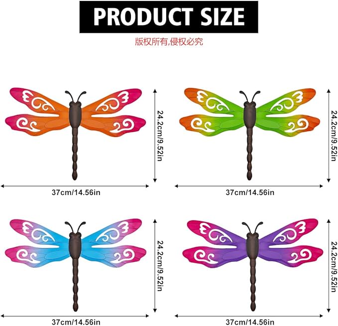 Metal Dragonfly Wall Decor, 4 Pack 14inch Metal Dragonfly Wall Hanging Sculpture Decor for Outdoor, Yard Patio Fence Garden Outside Decorations