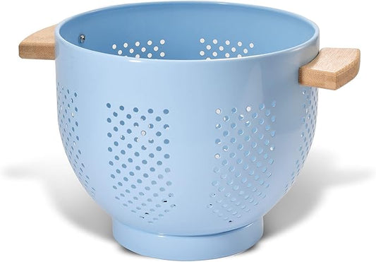 Metal Colander with Wood Handle and Stable Base, Powder Coated Steel Kitchen Strainer Basket for Draining Pasta, Vegetable and fruit(5.5quart,Blue)