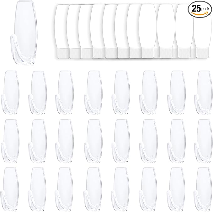 25 Large Wall Hooks for Hanging Heavy Duty, with 32 Removable Strips, Clear Hanger Hooks, Damage-Free Utility Hooks with Adhesive Strips, Plastic Wall Hook for Key, Shower, Towel, Coat, Door, Hat.