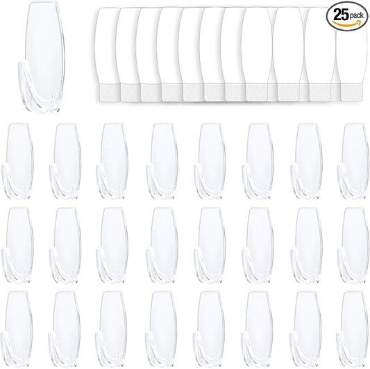 25 Large Wall Hooks for Hanging Heavy Duty, with 32 Removable Strips, Clear Hanger Hooks, Damage-Free Utility Hooks with Adhesive Strips, Plastic Wall Hook for Key, Shower, Towel, Coat, Door, Hat.