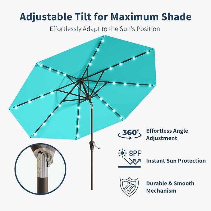 10FT Solar Umbrella 32 LED Lighted Patio Umbrella Table Market Umbrella w/Tilt and Crank, UV-Resistant Outdoor Umbrella for Pool, Garden, Deck, Aqua Blue