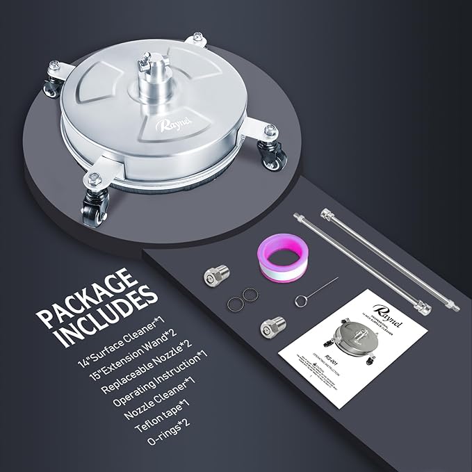 RAYNEL 14'' Pressure Washer Surface Cleaner with 4 Wheels, Stainless Steel Housing, 1/4" Quick Plug, 2 Extended Wands, 2 Replacement Nozzles