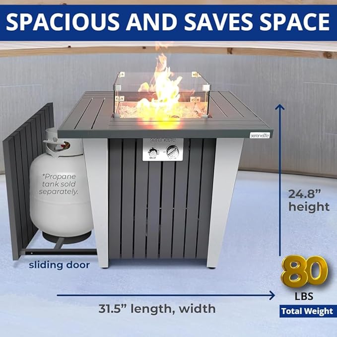 SereneLife Propane Fire Pit Table with Sturdy Metal, Gas Pits with 50,000 BTU and Stainless Steel Fire Pan, Includes Decorative Glass Rocks, Weather Cover, CSA Certified for Outdoor Fireplaces