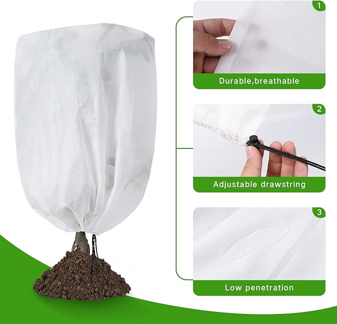 2-Pack Plant Covers Freeze Protection 48" x 72" 2.2 oz, Frost Cloth Plants Jacket Drawstring Tree Cover for Outdoor Plants, Shrub Potted Plants Winter