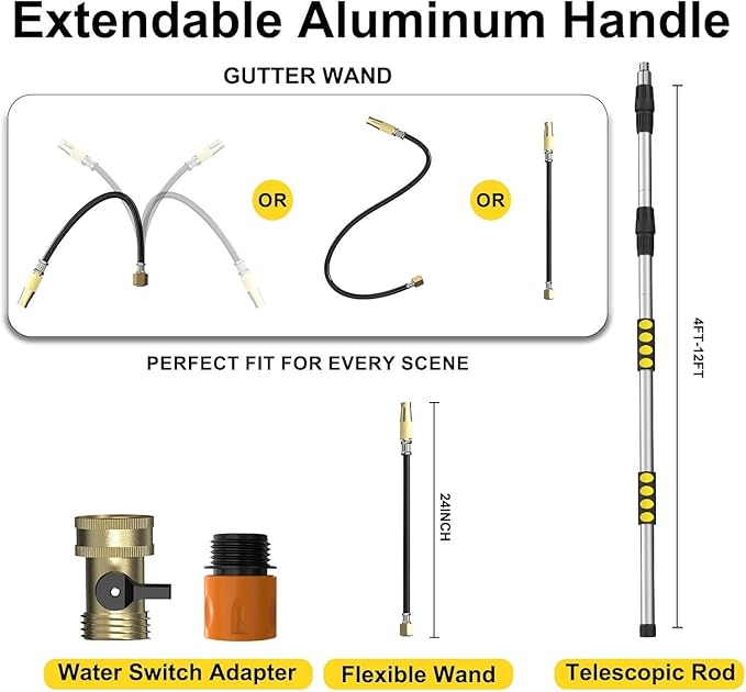 20FT Reach Gutter Cleaning Tools from Ground, Telescopic Rain Gutter Cleaners Tool with Quick Connect Adapter and Bendable Wand for 2nd Story House