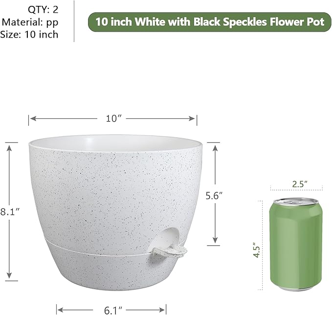 10 inch Self Watering Pots, Planter, Plant Pots with Mesh Drainage Holes for Indoor Outdoor House Plants and Garden, Set of 2 Plastic Flower Pots with Deep Reservoir, Speckled White