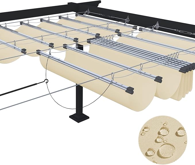 ECOOPTS 7'x9' Retractable Waterproof Wave Sun Shade Canopy Pergola Cover Shade Sail for Outdoor Patio Porch Garden Deck Backyard (Beige)