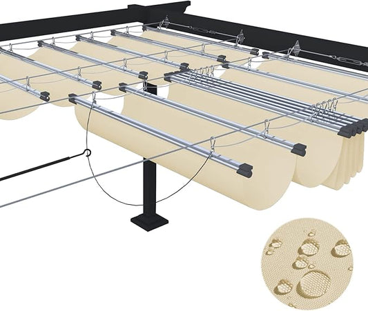 ECOOPTS 7'x9' Retractable Waterproof Wave Sun Shade Canopy Pergola Cover Shade Sail for Outdoor Patio Porch Garden Deck Backyard (Beige)