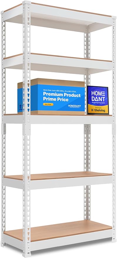 HOMEDANT 5 Tier Laminated White Boltless Metal Shelving Unit Adjustable Garage Storage Utility Rack Heavy Duty Shelves Organization Multipurpose Shelf Warehouse Pantry 28" W x 12.3" D x 59.5" H 1Pack