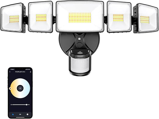 Onforu 5 Heads 120W Smart LED Security Lights Motion Sensor Outdoor, 340° Illumination WiFi Alexa Flood Light 12000LM APP Control, 2700K-6500K Exterior Motion Detector, IP65 Wall Light for Yard, Balck