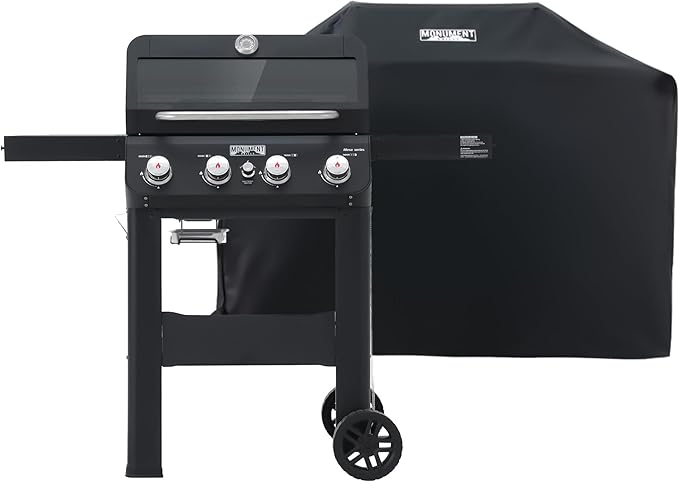 Monument Grills 4-Burner Liquid Propane Gas Grill, Matte Black Stainless Steel Burner Grill with Clearview® Lid, One Foldable Shelf for Outdoor Cooking Kitchen Patio Backyard, Mesa420MF with BBQ Cover