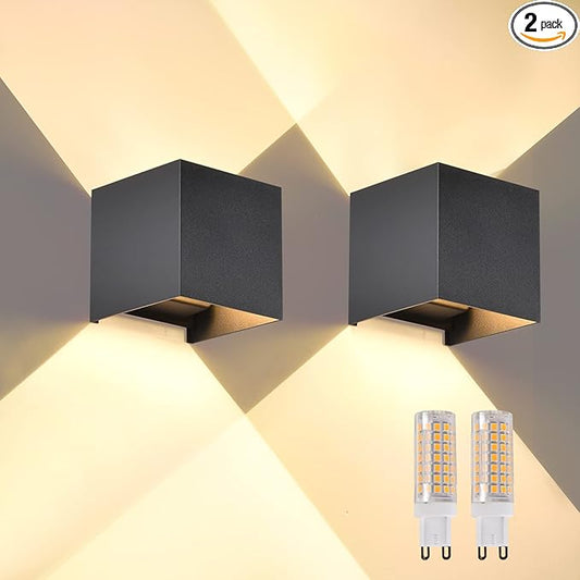 2 Pcs G9 Outdoor Wall Lights Exterior/Interior Wall Sconces Up and Down Lights IP65 Waterproof Modern Outdoor Lighting Square Aluminum Black 3000K Warm Lights Replaceable bulb, Adjustable Light Angle