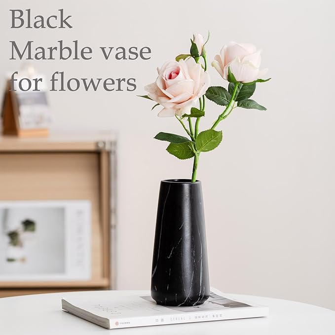 Marble Black Vase - 8" Big Black Ceramic vase for Flower, Simple Vases for Pampas Grass, Minimalist Farmhouse Boho vases for Centerpieces, Home Decor, Bathroom Decor