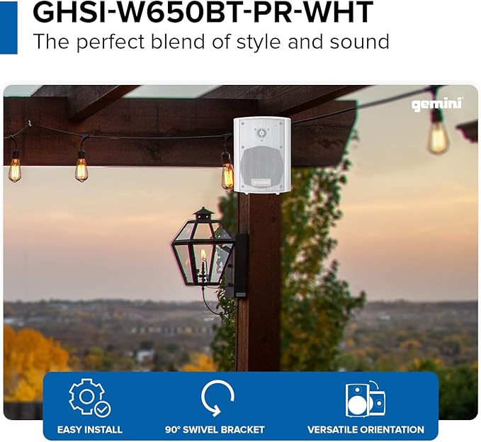 Gemini Sound GHSI-W650BT 6.5" Outdoor Bluetooth Speakers – Wired Powered IP44 Waterproof Wall Mount Pair for Patios, Rust-Proof Aluminum Grills, Expandable to 16 Speakers, Immersive Sound (White)