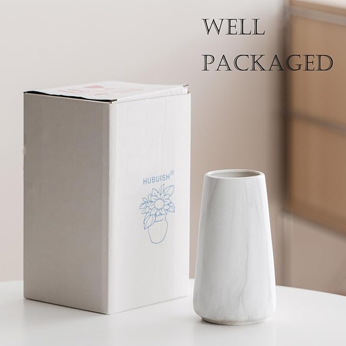 Marble White Vase - 6“ White Ceramic Flower vase, Boho Vases for Pampas Grass, Minimalist Modern vases for Home Decor, Table Shelf Living Room Farmhouse Decor