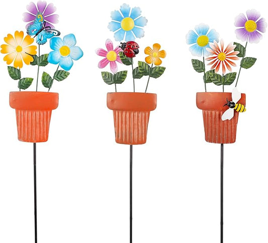 3 Pcs Metal Flower Garden Stakes, 24" H Flower Pot Shape Decorative Garden Stakes, Metal Yard Art for Outdoor Spring Lawn Patio Pathway Decor