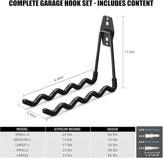 Garage Hooks, 4 Pack Wave Hooks for Hanging Heavy Duty Ladders, Bikes, Tools Ideal for Garage, Garden, Basement Utility Room Storage (Black)