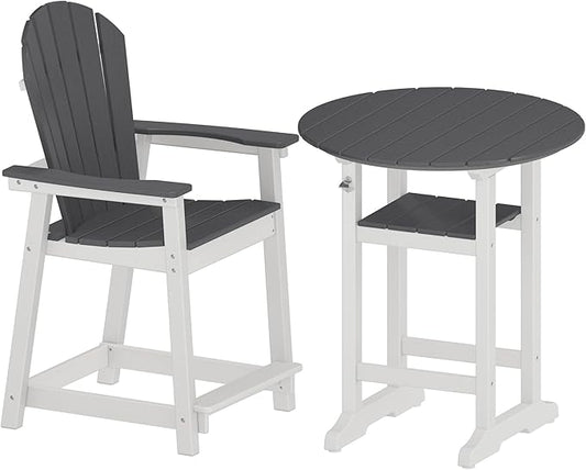 2 Counter Height Adirondack Chairs and 1 Bar Table, All Weather HDPE Patio Furniture, Wide Armrests, High Back, 400lb Capacity (White & Grey)