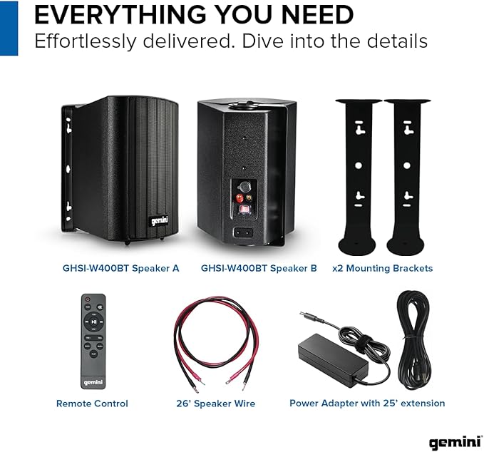 Gemini Sound GHSI-W400BT 4" Outdoor Bluetooth Speakers – Wired Powered IP44 Waterproof Wall Mount Pair, Rust-Proof Aluminum Grills, Expandable to 16 Speakers, Compact Full-Range Stereo (Black)