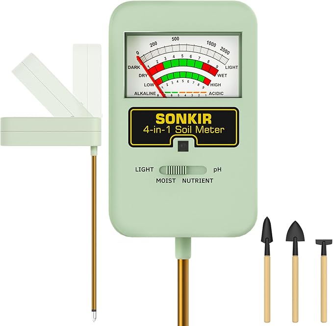Soil Moisture Meter, 4-in-1 Soil Ph Meter, Soil Tester for Nutrients, Moisture, PH and Light, Soil Ph Test Kits for Plant, Great for Garden, Indoor & Outdoor Use (No Battery Required), Green