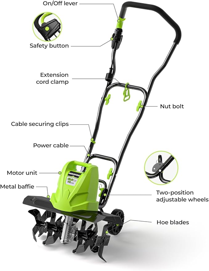 18-Inch 13.5 Amp Tiller/Cultivator with 6 Steel Tines, 3-Adjustable Wheels, Foldable Handle, 8'' Tilling Depth Electric Corded Tillers, Electric Garden Rototiller for Garden Lawn Soil Digging