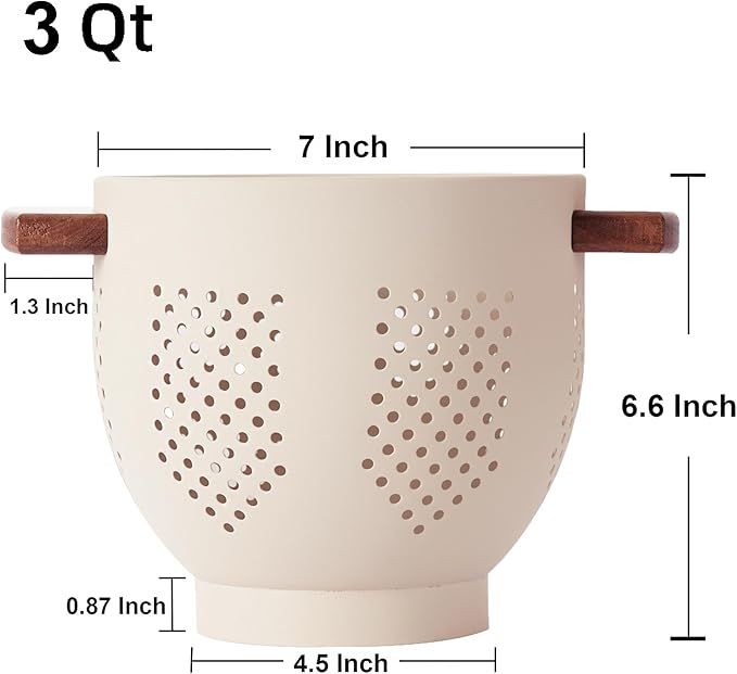 Metal Colander with Wood Handle and Stable Base, Powder Coated Steel Kitchen Strainer Basket for Draining Pasta, Vegetable and fruit (3quart,Sandyellow)