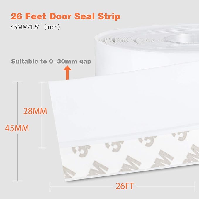 26 Feet Silicone Seal Strip, Weather Stripping Seal Tape for Door, Window & Shower Glass Gaps (White, 45MM)
