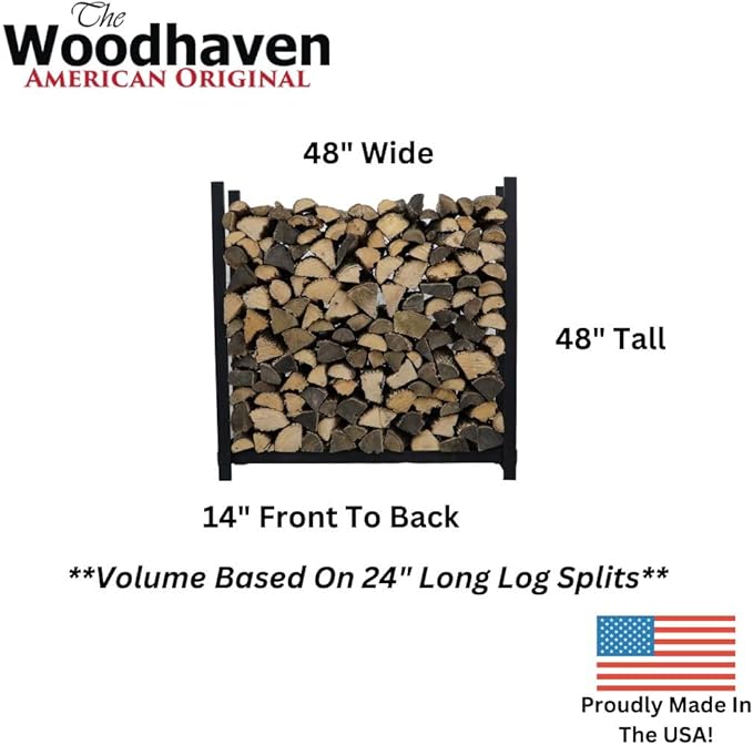 Woodhaven Black 4 Foot - Heavy Duty Made In USA - Indoor Outdoor - 1/4 Cord Firewood Storage Log Rack With Optional Seasoning Cover Combo Set - Metal Log Storage - 48” x 48” (No Cover)