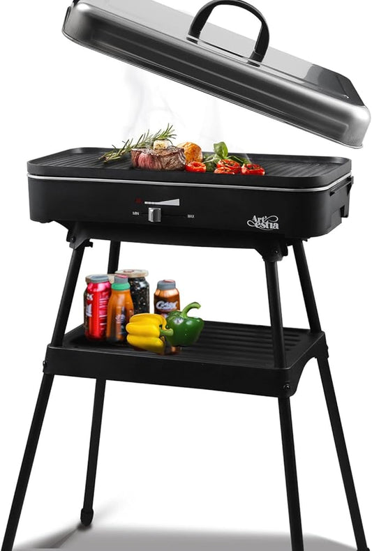 Upgrade Version - Artestia 1800W Electric Outdoor Grill with Lid Indoor Smokeless BBQ Grills with Temperature Control Portable Removable Stand Grill for Cooking, BBQ Party, Family